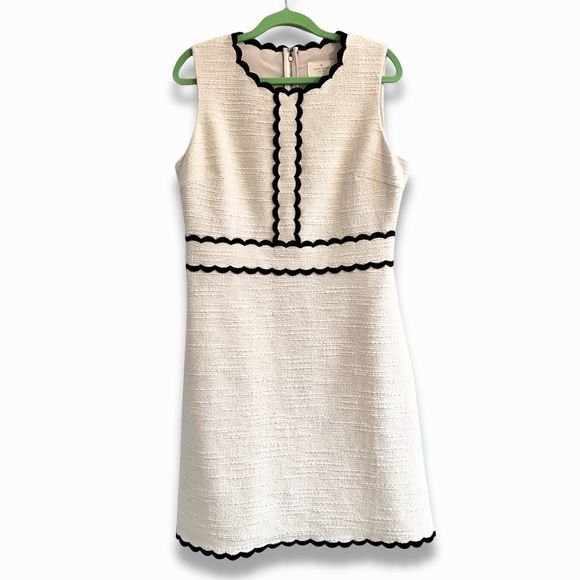 Kate Spade Scalloped Tweed Shift Dress Cream Black Trim Size 12 EUC - Picture 1 of 8